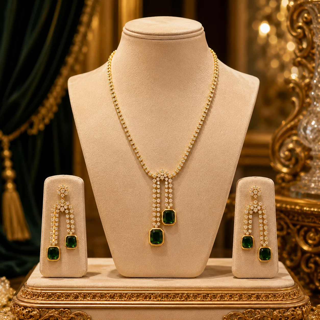 Emerald Symphony Necklace & Earrings Set - Image 2