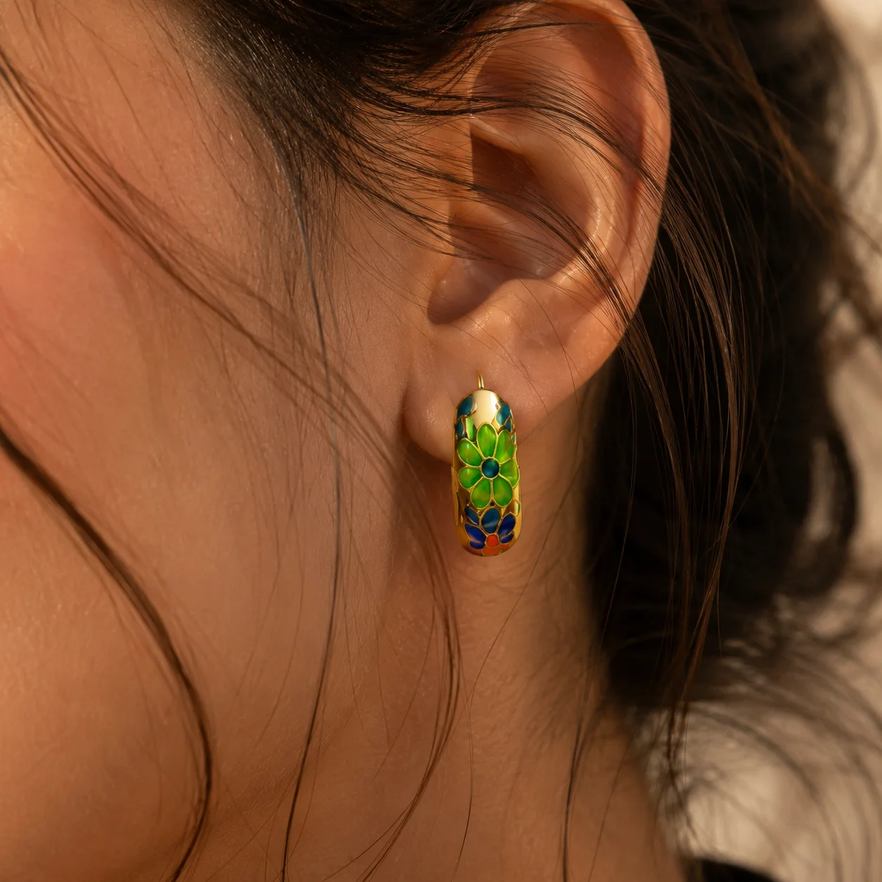 Garden Glow Gold‑Plated Enamel Hoop Earrings - Image 2