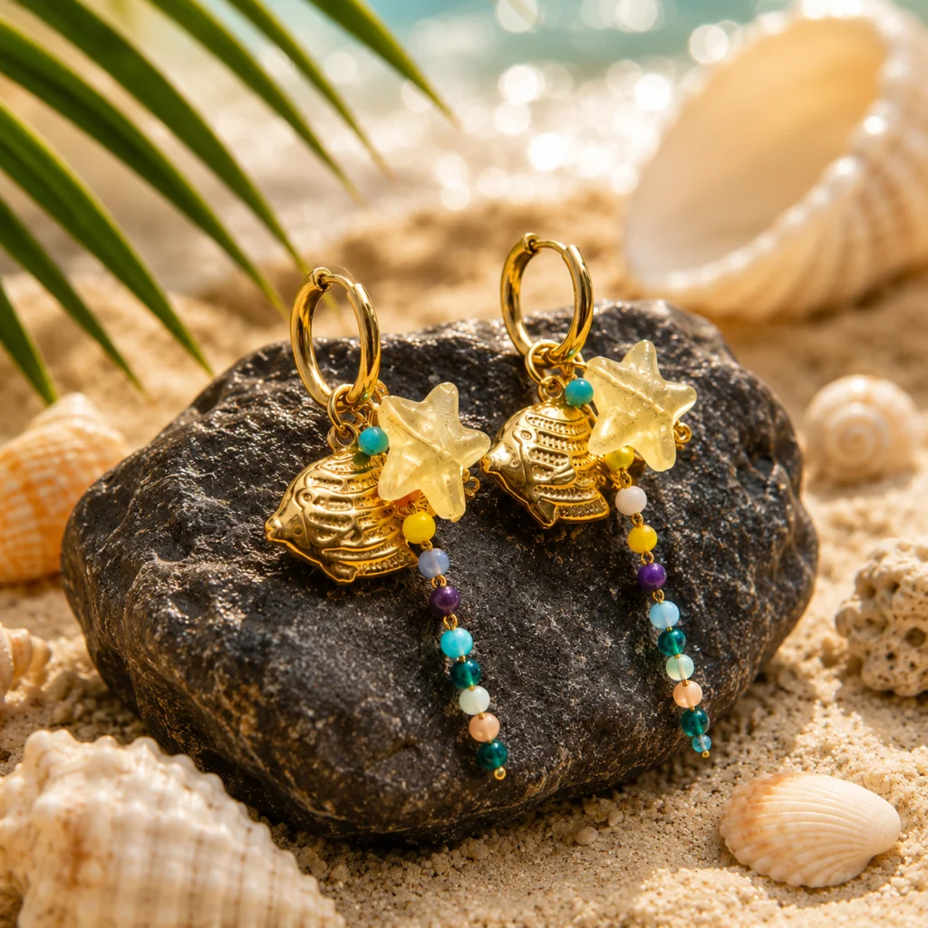 Tropical Glow Gold‑Plated Seashell Hoop Earrings