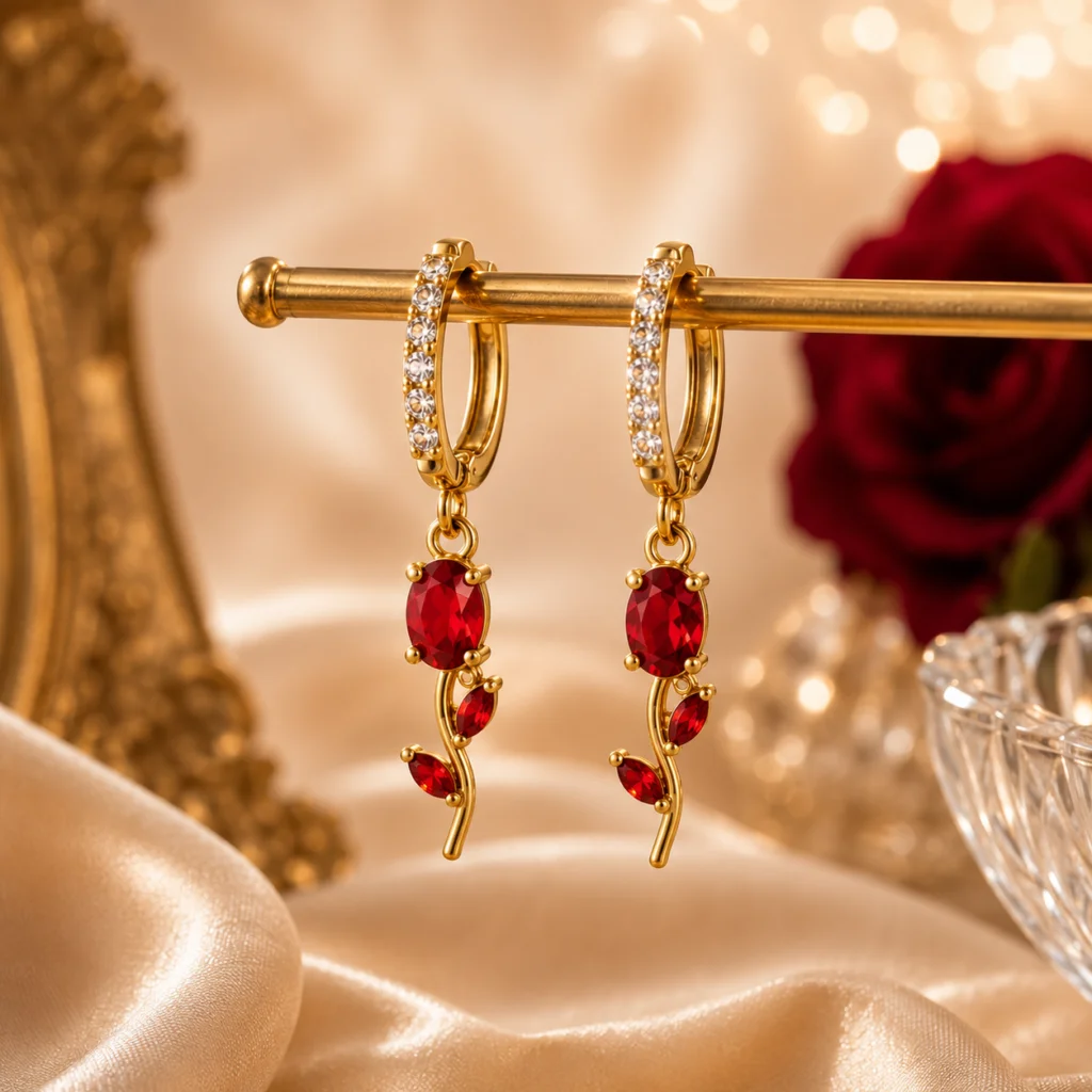 Crimson Bloom Anti‑Tarnish Gemstone Hoop Earrings