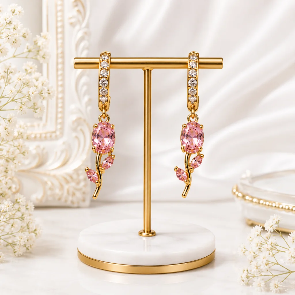 Rosé Stem Anti‑Tarnish Gemstone Hoop Earrings