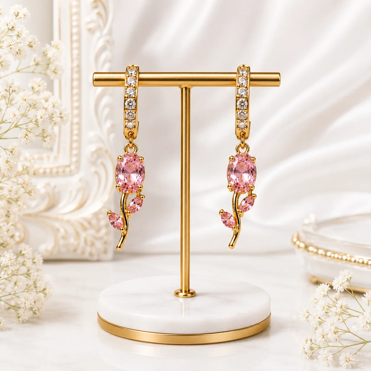 Rosé Stem Anti‑Tarnish Gemstone Hoop Earrings