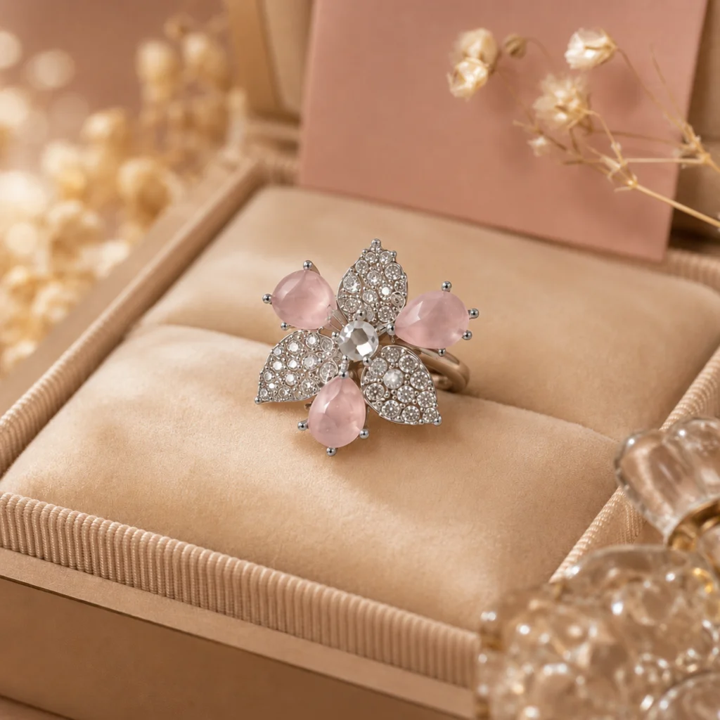 Rosé Bloom Adjustable Anti‑Tarnish Ring