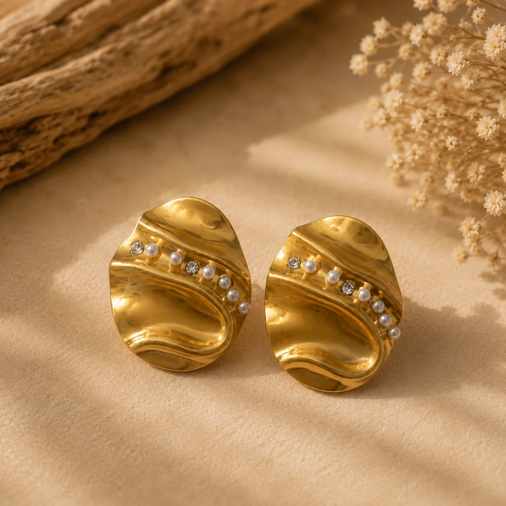 Ocean Wave Gold‑Plated Pearl Earrings