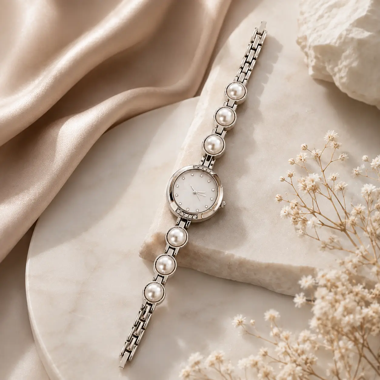 Crystal Pearl Anti‑Tarnish Silver Watch