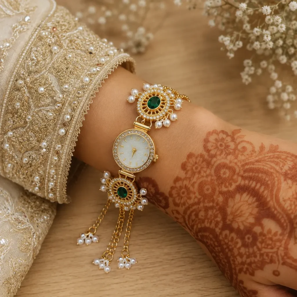 Emerald Pearl Anti‑Tarnish Gold Watch