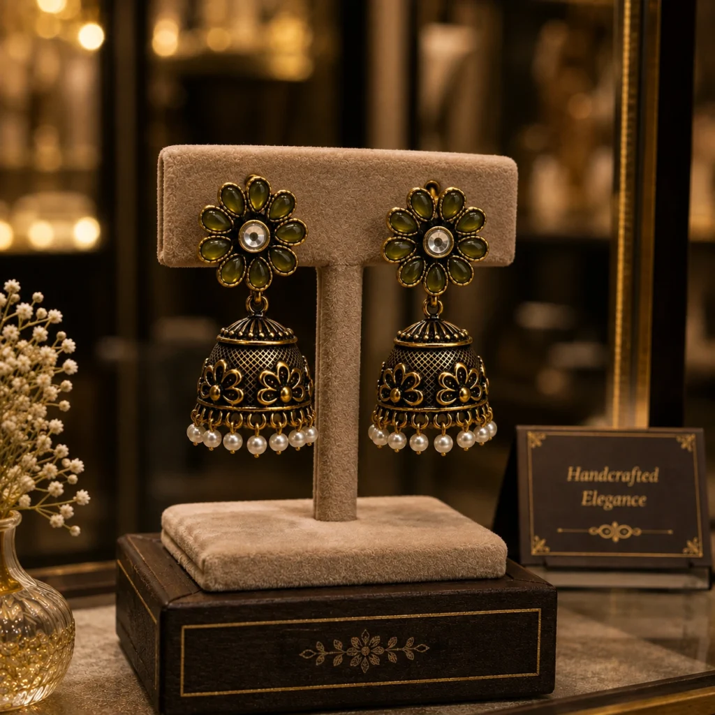 Emerald Bloom Traditional Jhumka Earrings