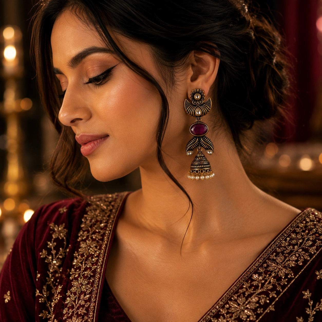 Magenta Majesty Traditional Jhumka Earrings - Image 2