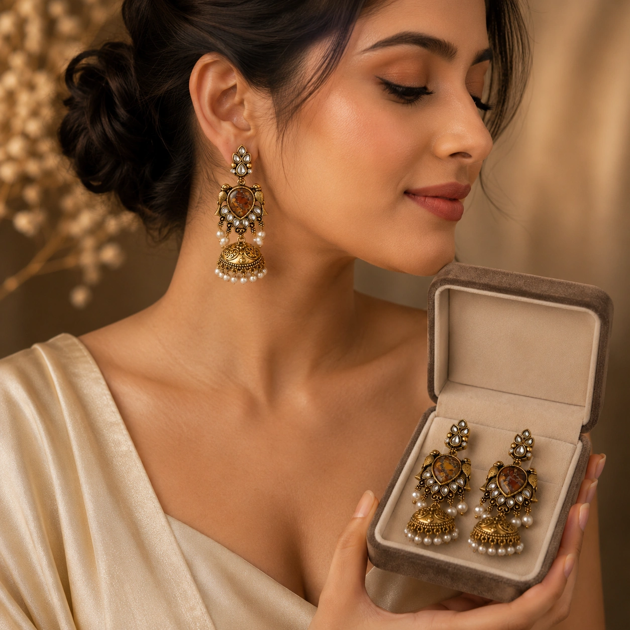 Amber Glow Traditional Jhumka Earrings - Image 2