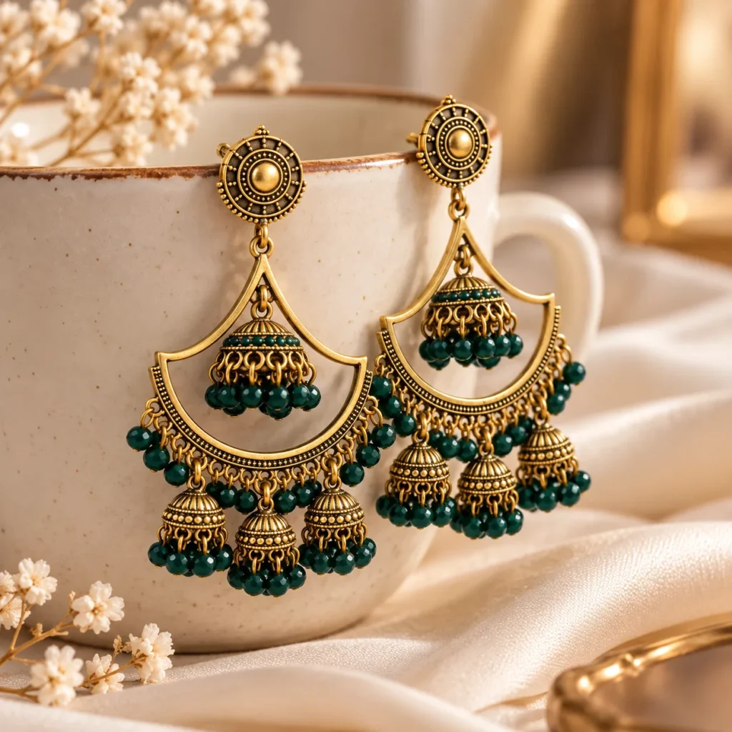 Emerald Heritage Chandbali Jhumka Earrings